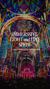 A montage of 360-degree video projections inside Westminster Cathedral, featuring a live orchestra performance. The video highlights the immersive nature of the event, showcasing the visual spectacle within the historic venue.