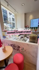 A short, snappy listicle video highlighting three popular dessert destinations in Soho, London: The Hummingbird Bakery, Crème, and Cafe de Nata. The video features close-up shots of the products, including frosting a cake, breaking open a cookie, and trays of fresh pastel de nata.