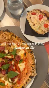 A montage showcasing the interior, exterior, and food offerings at Fermento Contemporary Pizzeria in Southend-on-Sea, including pizza and prawn dishes.
