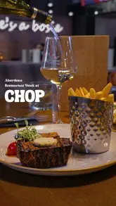 A vlog-style reel featuring two friends visiting Chop Bar & Grill for Aberdeen Restaurant Week. They showcase the menu, including scallops, rump steak, 3D-printed vegan steak, and desserts, while highlighting the service and atmosphere.