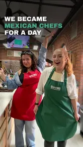 A vlog-style video showing two creators attending a Mexican Street Eats cooking class at the Vegetarian Society in Ancoats, Manchester. The video covers the process of making various dishes like mushroom quesadillas, loaded sopes, and crispy tofu tacos, highlighting the fun and educational experience.