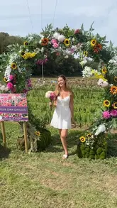 A montage of a visit to a flower-picking farm, showing the fields, the flower-picking process, and a visit to the farm shop for coffee and cake.