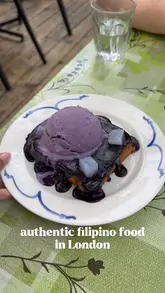 A creator visits Bintang in Camden, London, to review their Filipino menu. The video features a variety of traditional dishes, including silog, kare kare, and ube french toast, while also highlighting the restaurant's outdoor seating and karaoke room.