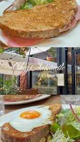 A short, aesthetic montage showcasing the brunch offerings and interior/exterior of Chez Antoinette, a French-inspired cafe. The video features close-ups of plated brunch dishes, coffee, and the venue's seating area.