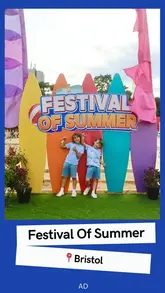 A vlog-style video featuring two young boys reviewing the Festival of Summer in Bristol, showcasing various fairground rides, an urban beach, a paddling pool, mini-golf, and other family-friendly activities.