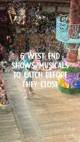 A listicle video showcasing six different West End theatre productions currently running in London, providing the venue name and closing date for each.
