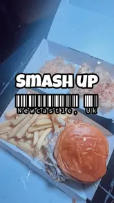 A short promotional video for a new burger joint in Newcastle called Smash Up, featuring shots of the exterior, interior, and various menu items including burgers, wings, pizza, and milkshakes.