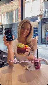 A creator promotes a step-count-based discount at Hii Grind cafe by filming her walk and subsequent visit to the venue to enjoy a smoothie and acai bowl.
