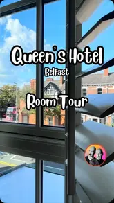 A room tour of the Queen's Hotel in Belfast, showcasing the interior decor, bathroom facilities, and the view from the window.