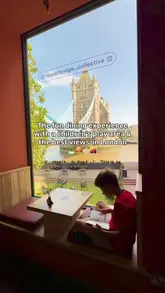 A short, montage-style video showcasing Tower Bridge Collective, a family-friendly food hall in London. The video highlights the venue's key features, including a large indoor sandpit, children's books, arcade games, and views of Tower Bridge, while panning across various food stall signs.