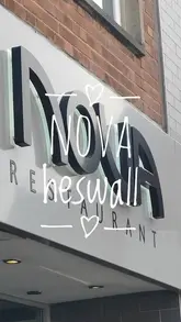 A montage of various dishes, drinks, and a brief interior shot at a restaurant called Nova on the Wirral, showcasing a multi-course meal including starters, mains, desserts, and cheese.