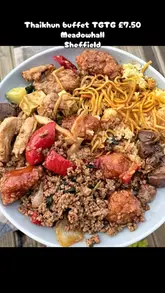 A review of a Too Good To Go bag from Thaikhun in Meadowhall, Sheffield. The creator shows the buffet selection and the contents of their takeaway container, discussing the value and quality of the food.