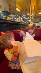 A promotional reel for Balthazar in London, highlighting their family-friendly 'Le Petit Joyeux' kids' meal deal which includes a teddy bear, coloring activities, a main course, a drink, and dessert, alongside shots of the adult menu items.