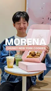 A creator visits Morena cafe in London to review their new 'Peach by Mish' smoothie, a selection of chunky New York-style cookies, and a cereal milk matcha latte.