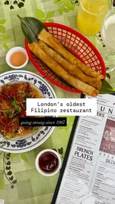 A montage-style food review showcasing a variety of Filipino dishes, drinks, and desserts at Bintang restaurant in London.