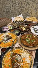 A promotional reel showcasing a newly opened Pakistani-Arab restaurant in East London, featuring close-ups of various dishes like biryani, grilled meats, and curry, alongside shots of the restaurant's interior.