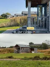 A two-part image collage showcasing a rustic cabin retreat in the Staffordshire countryside, highlighting the peaceful, nature-focused atmosphere of the stay.
