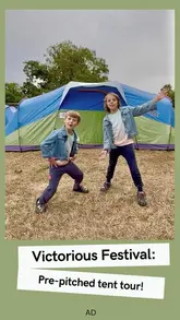 A young creator provides a tour of a pre-pitched tent at Victorious Festival, demonstrating the space and convenience of having the tent and air beds set up upon arrival.