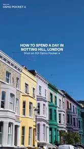 A travel-focused vlog showcasing a day out in Notting Hill, London, featuring visits to Portobello Road Market, Fabrique Bakery, Daunt Books, and Holland Park. The video highlights the capabilities of the DJI Osmo Pocket 4 camera through cinematic shots of the locations.