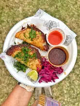 A top-down, natural light shot of two birria-style tacos served on a branded paper plate with a side of red salsa and pickled red cabbage, held over a grassy background at a festival.