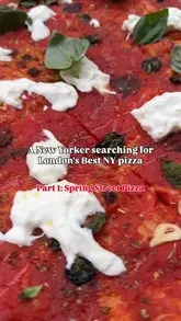 A short, punchy video review of Spring Street Pizza in London, presented as part of a series searching for the best NY-style pizza in the city. The video features close-up shots of various pizzas, a cheese pull, and a dessert, along with a brief look at the venue's outdoor seating area.