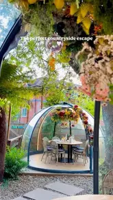A promotional reel showcasing a stay at The Georgian, Haslemere by Coppa Club, featuring shots of the hotel room, the garden, the outdoor dining pods, and various meals.