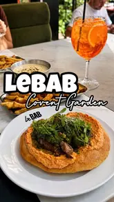 A montage showcasing a bottomless brunch experience at Le Bab in Covent Garden, featuring close-ups of kebabs, loaded fries with cheese fondue, cocktails, and the outdoor seating area.