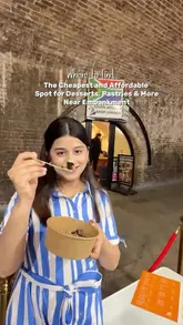 A short promotional video showcasing a cafe called Cream & Crust near Charing Cross, highlighting their affordable range of desserts, pastries, paninis, and loaded fries.