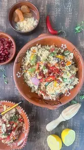 A step-by-step recipe tutorial for a roasted vegetable couscous salad, demonstrating the use of Pyrex metal and glass dishes for preparation.