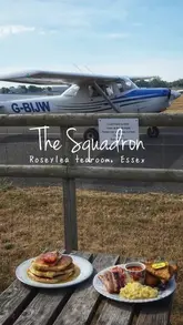 A short video showcasing a cafe located on an airfield in Essex, featuring shots of planes taking off and landing, the cafe interior, and breakfast dishes.