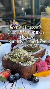 A review of Romie's Brasserie in Bexley, showcasing a variety of brunch dishes including burrata with figs, eggs royale, French toast, a traditional English breakfast, and various drinks.