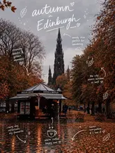 An atmospheric, high-quality travel photograph capturing a coffee kiosk in Princes Street Gardens, Edinburgh, during autumn. The image uses a moody, seasonal aesthetic with illustrative text overlays to highlight the location's charm.