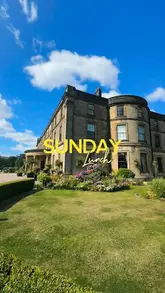 A montage showcasing a Sunday roast experience at The Stables Beamish, featuring the venue's rustic interior, the roast dinner, and dessert.