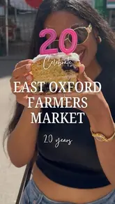 A vibrant vlog-style reel showcasing the East Oxford Farmers' & Community Market, highlighting the wide range of local produce, artisanal baked goods, and independent food stalls, while celebrating the market's 20th anniversary.