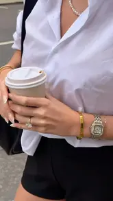 A lifestyle montage featuring a woman's day, including skincare, a green juice, a pastry, and a hotel stay.