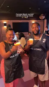 A vlog-style video showcasing a candle-making class at Gia Como, where participants create their own cocktail-themed candles while enjoying drinks.