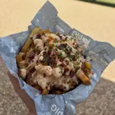A high-quality, close-up shot of a portion of loaded fries topped with mac and cheese, pulled pork, and bacon, held in a hand against a blurred outdoor background. The image effectively showcases the texture and indulgence of the food.
