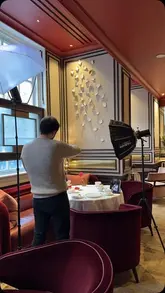 A behind-the-scenes look at a professional photoshoot for afternoon tea at The Biltmore Mayfair, transitioning from the setup process to the final, polished food photography.