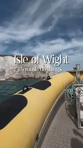 A travel guide video showcasing five recommended activities on the Isle of Wight, including a jet boat tour, a historic house visit, a chairlift ride, a beach visit, and a meal at a waterfront restaurant.