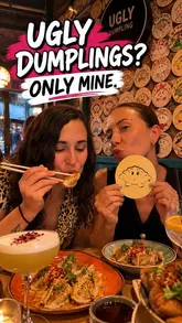 A creator visits Ugly Dumpling in Brixton, showcasing the casual atmosphere, the variety of dumplings, signature cocktails, and the interactive coaster-drawing activity.