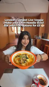 A creator visits Yangguofu Malatang in Central London, demonstrating the process of building a custom noodle bowl from a wide selection of fresh vegetables, tofu, and noodles, followed by the weighing and cooking process.
