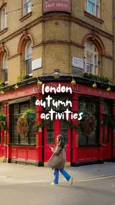 A listicle-style travel guide showcasing four types of activities for an autumn weekend in London, including visiting scenic spots, historical sites, bakeries, and boutique shopping streets.