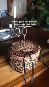 A home baking tutorial showing the creation of a 30th birthday cake with vanilla and chocolate layers, almond frosting, and a leopard print design.