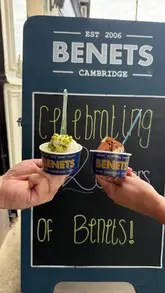 A short, upbeat reel showcasing Benets Cafe in Cambridge, highlighting their 20-year history, fresh gelato, pastries, and coffee with views of King's College.