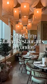 A fast-paced listicle video showcasing six different Italian restaurants in London, featuring close-ups of pasta, meat dishes, and interior shots of each venue.