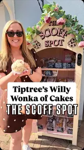 A creator visits 'The Scoff Spot' in Tiptree, a small cake shed, showcasing a variety of indulgent baked goods like stuffed croissants, cookie pies, and brownie rolls.