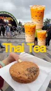 A short, handheld-style review video of a street food stall called Midnight Pantry, featuring a taste test of their Asian-inspired cookies at an outdoor event.