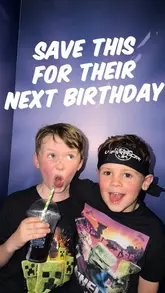 A video showcasing a children's birthday party at Ninja Warrior UK, featuring footage of kids on obstacle courses and inflatables, followed by a party meal of pizza and ice cream.
