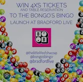 A promotional graphic for a Bongo's Bingo event giveaway at Bradford Live, featuring a bingo ball background and event details.