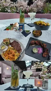 A short montage showcasing the exterior, interior decor, and various food and drink items at Basrah Lounge.